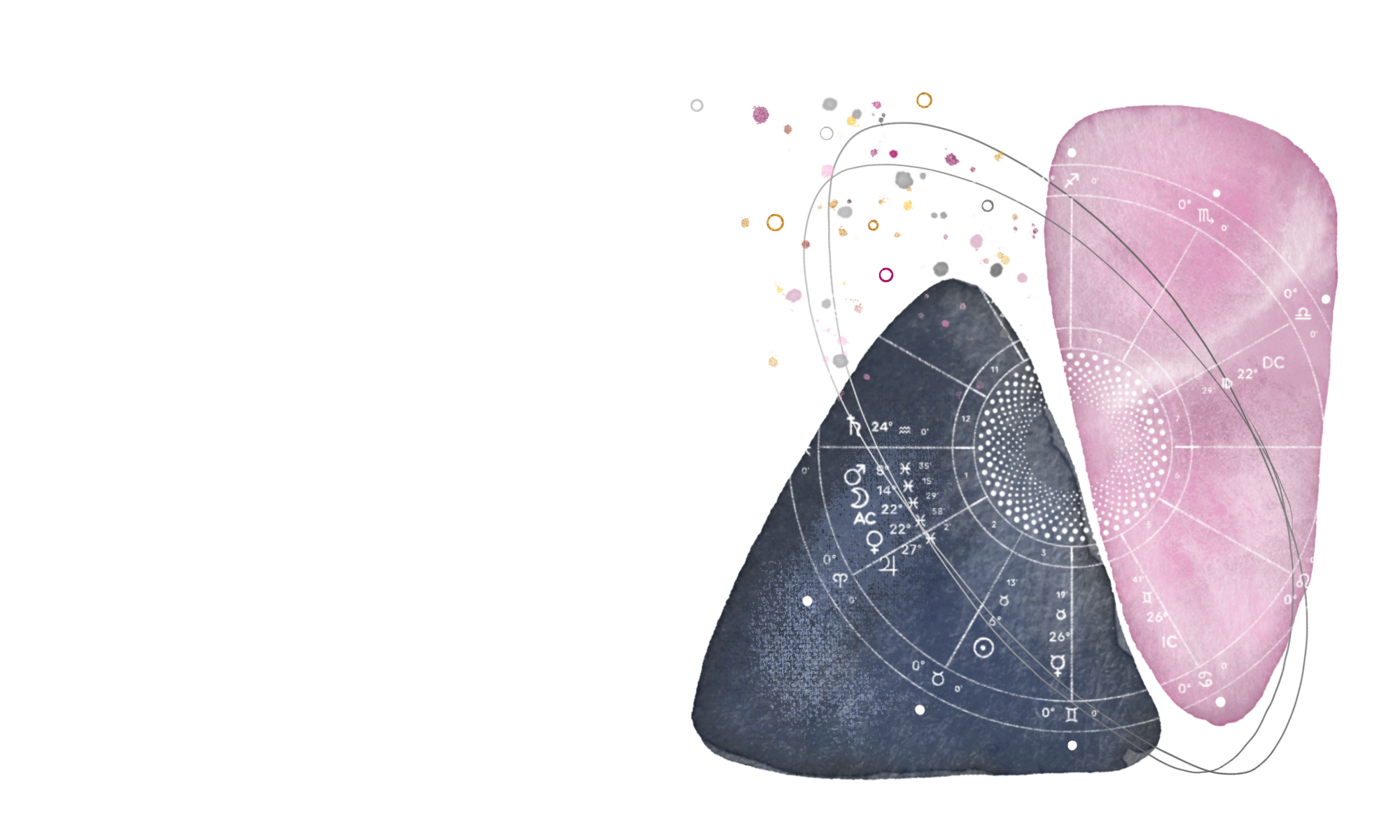A dark blue triangle next to a pink triangle in watercolor. Superimposed is a white astrological chart, some silver ovals and some sparkles at the top left
